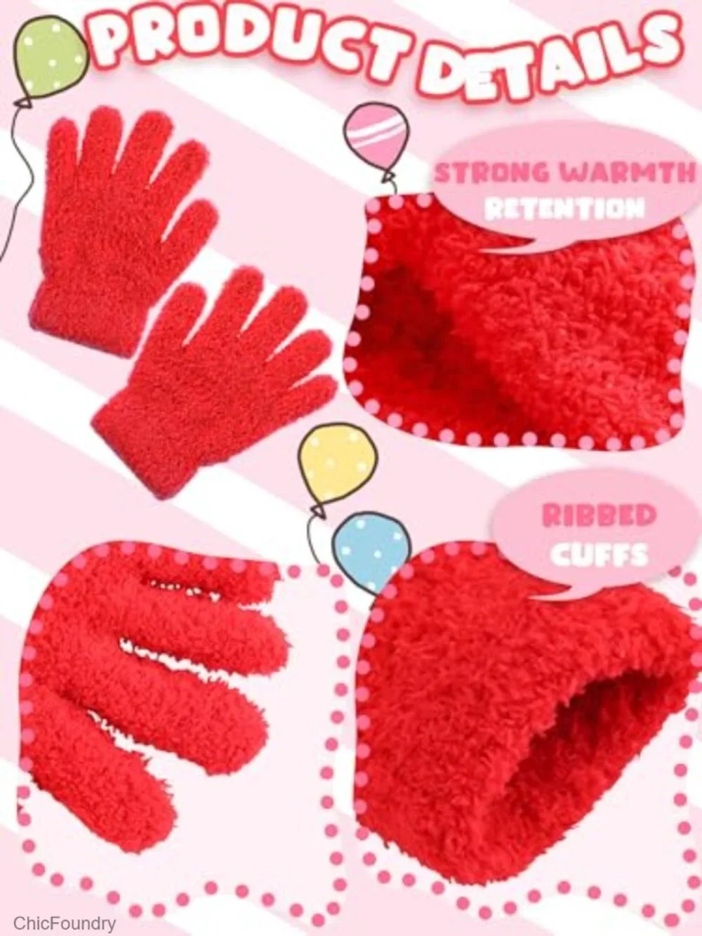 3 Pairs Kids Knit Gloves Warm Winter Full Fingers Stretchy